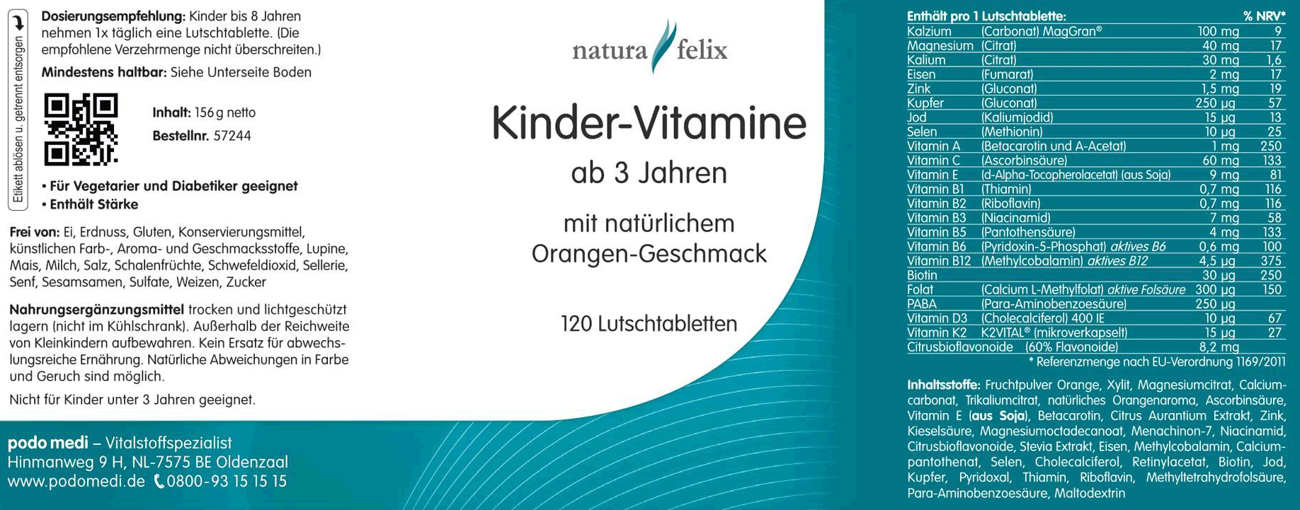 Woscha Kinder-Vitamine von podo medi beinhaltet 120 Lutschtabletten Etikett