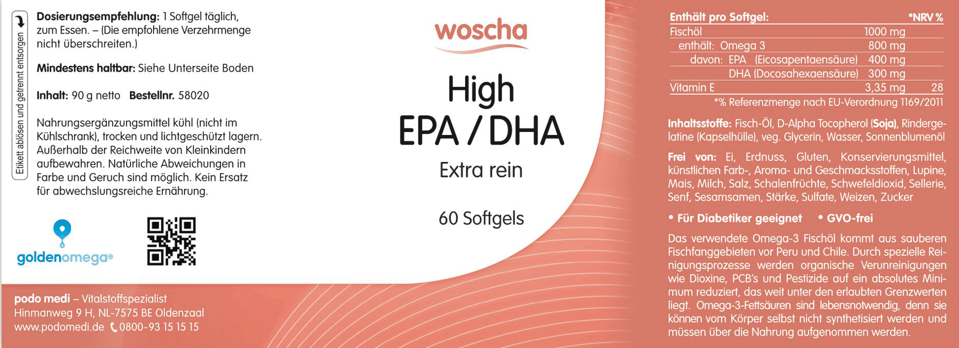 Woscha High EPA DHA von podo medi beinhaltet 60 Softgels Etikett