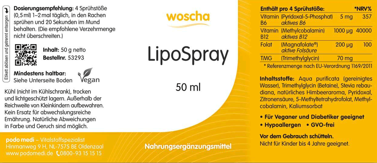 Woscha LipoSpray für den Homocysteinhaushalt von podo medi in  50 Milliliter Flasche Etikett