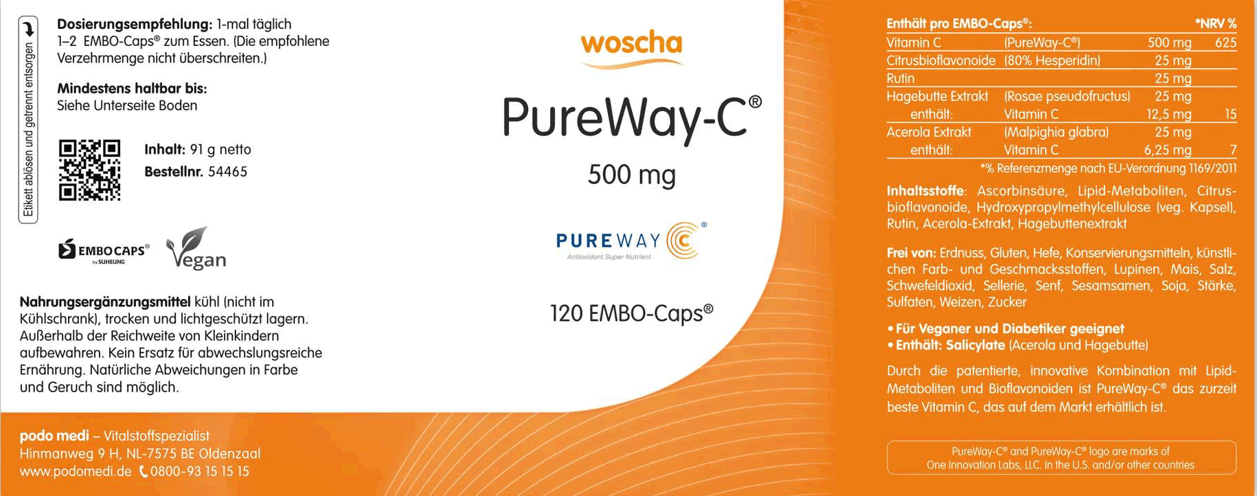 Woscha PureWay C 500 Milligramm mit Bioflavonoiden von podo medi beinhaltet 120 Kapseln Etikett