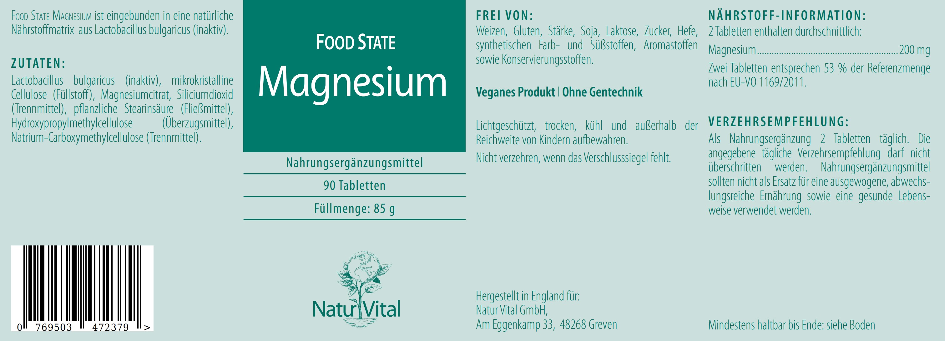 Etikett Magnesium von Natur Vital beinhaltet 90 Tabletten