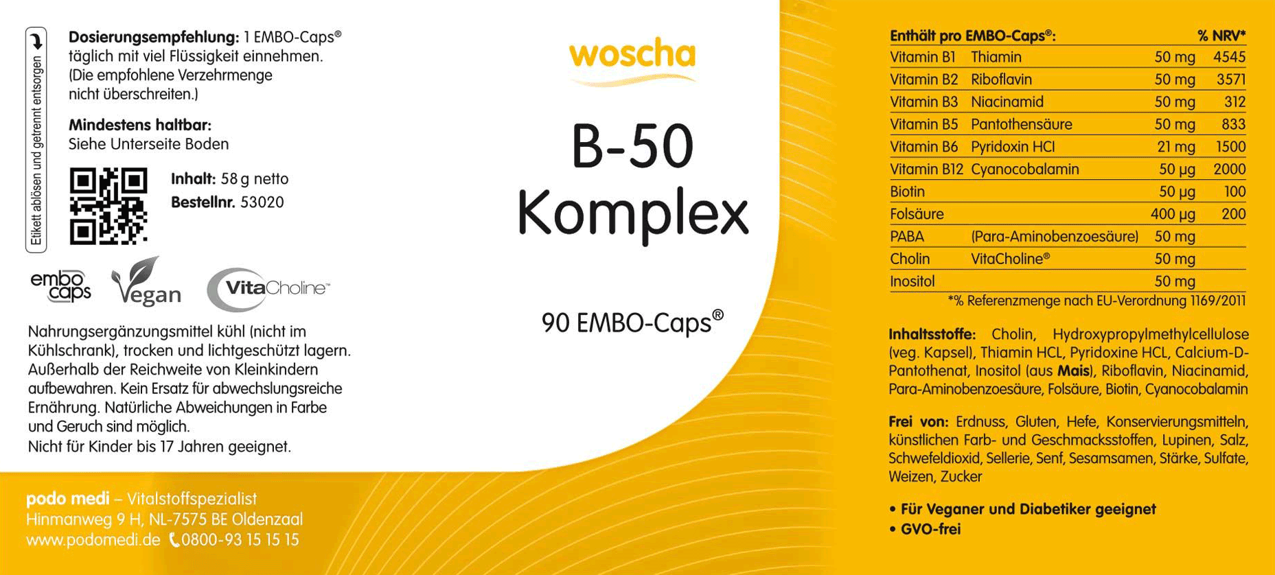 Woscha B-50 Komplex von podo medi beinhaltet 90 Kapseln Etikett 